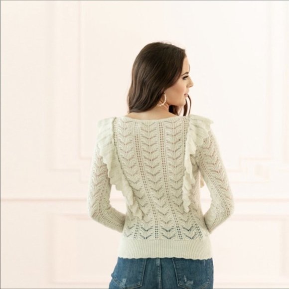 Rachel Parcell Pointelle Open Knit Ruffle Sweater Wool Alpaca Blend Size S - Picture 2 of 10
